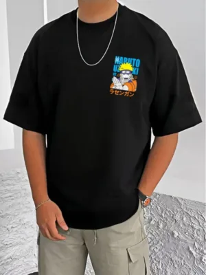 Generic Men's Casual Cotton Blend Printed Round Neck Half Sleeve T-Shirt (Black)