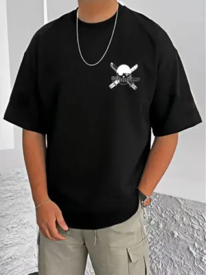 Generic Men's Casual Cotton Blend Printed Round Neck Half Sleeve T-Shirt (Black)