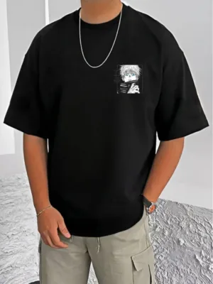 Generic Men's Casual Cotton Blend Printed Round Neck Half Sleeve T-Shirt (Black)