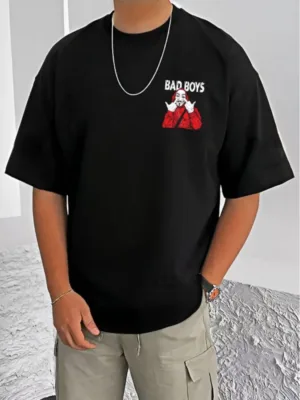 Generic Men's Casual Cotton Blend Printed Round Neck Half Sleeve T-Shirt (Black)