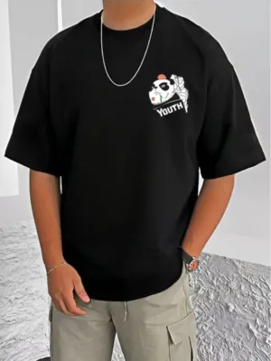 Generic Men's Casual Cotton Blend Printed Round Neck Half Sleeve T-Shirt (Black)