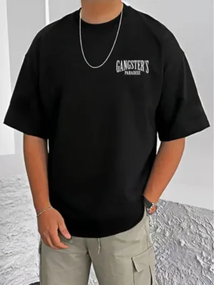 Generic Men's Casual Cotton Blend Printed Round Neck Half Sleeve T-Shirt (Black)