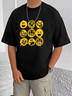 Generic Men's Casual Cotton Blend Printed Round Neck Half Sleeve T-Shirt (Black)