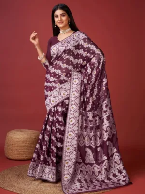 Generic Women's Cotton Silk Printed Saree With Unstitched Blouse 5.5Mtr (Purple)