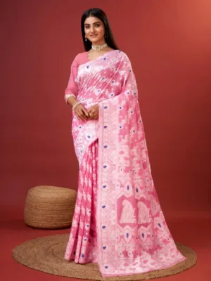 Generic Women's Cotton Silk Printed Saree With Unstitched Blouse 5.5Mtr (Pink)