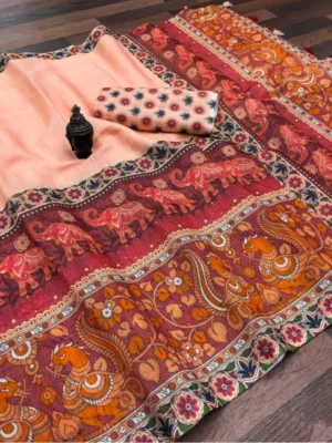 Generic Women's linen Digital Print Saree With Unstitched Blouse 5.5Mtr (Peach)