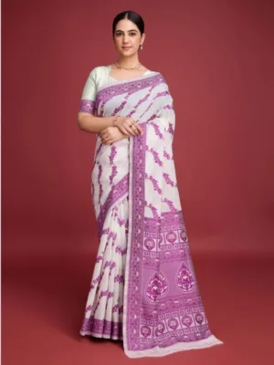 Generic Women's Jamdani Cotton Silk Printed Saree With Unstitched Blouse 5.5Mtr (Wine)