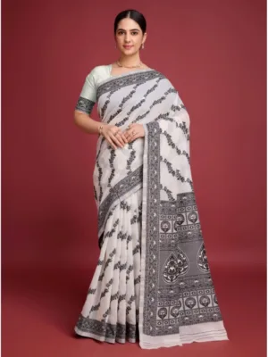 Generic Women's Jamdani Cotton Silk Printed Saree With Unstitched Blouse 5.5Mtr (Black)