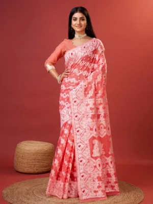 Generic Women's Cotton Silk Printed Saree With Unstitched Blouse 5.5Mtr (Peach)