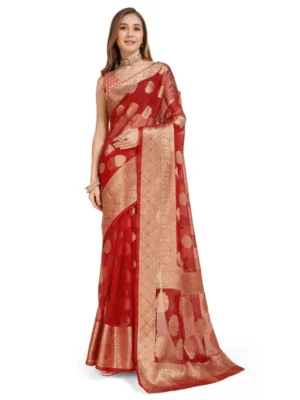 Generic Women's Soft Organza Silk Weaving Design Saree With Unstitched Blouse 5.5Mtr (Red)