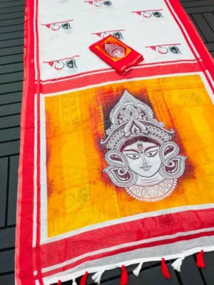 Generic Women's linen Digital Print Saree With Unstitched Blouse 5.5Mtr (White)