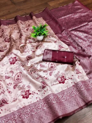 Generic Women's Banarasi Jacquard Printed Saree With Unstitched Blouse 5.5Mtr (Wine)