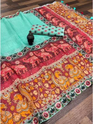 Generic Women's linen Digital Print Saree With Unstitched Blouse 5.5Mtr (Turquoise)