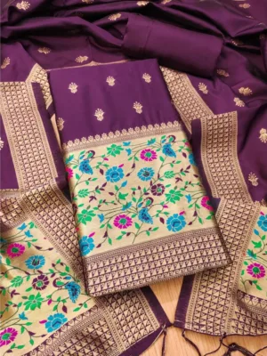 Generic Women's Banarasi Silk Printed Unstitched Salwar Suit Material With Dupatta (Wine, 3Mtrs)