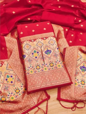 Generic Women's Banarasi Silk Printed Unstitched Salwar Suit Material With Dupatta (Red, 3Mtrs)