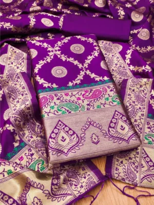 Generic Women's Banarasi Silk Printed Unstitched Salwar Suit Material With Dupatta (Purple, 3Mtrs)