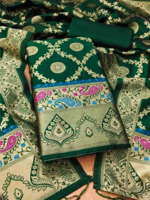 Generic Women's Banarasi Silk Printed Unstitched Salwar Suit Material With Dupatta (Bottle Green, 3Mtrs)