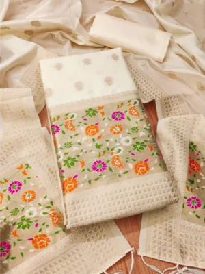 Generic Women's Banarasi Silk Printed Unstitched Salwar Suit Material With Dupatta (White, 3Mtrs)