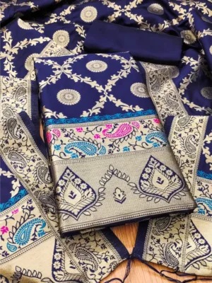 Generic Women's Banarasi Silk Printed Unstitched Salwar Suit Material With Dupatta (Navy Blue, 3Mtrs)