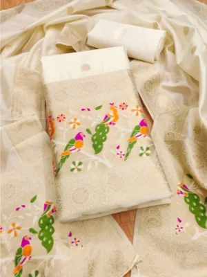 Generic Women's Banarasi Silk Printed Unstitched Salwar Suit Material With Dupatta (White, 3Mtrs)