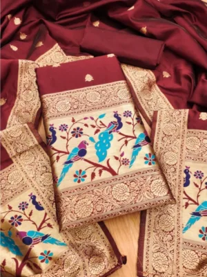 Generic Women's Banarasi Silk Printed Unstitched Salwar Suit Material With Dupatta (Maroon, 3Mtrs)