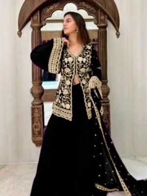 Generic Women's Georgette Embroidery 3-4th Sleeve V-Neck Kurti, Palazzo And Dupatta Set (Black)