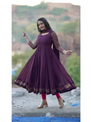 Generic Women's Georgette Embroidery 3-4th Sleeve Round Neck Kurti with Dupatta Set (Wine)