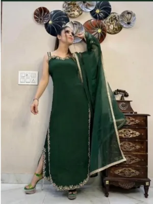 Generic Women's Georgette Embroidery Sleeveless Round Neck Kurti, Palazzo And Dupatta Set (Green)