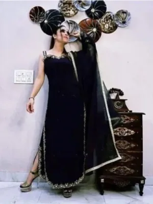 Generic Women's Georgette Embroidery Sleeveless Round Neck Kurti, Palazzo And Dupatta Set (Black)