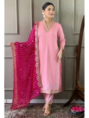 Generic Women's Roman Silk Embroidery 3-4th Sleeve V-Neck Kurti With Pant Dupatta Set (Pink)