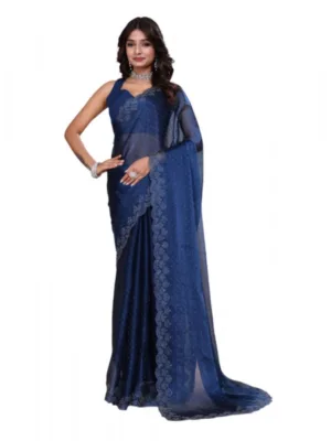 Generic Women's Jimmy choo Embellished Bollywood Saree With Unstitched Blouse 5.5Mtr (Blue)