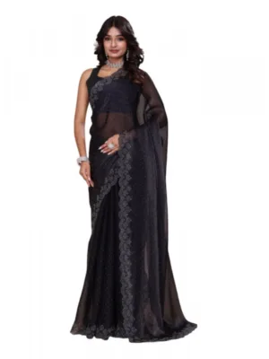 Generic Women's Jimmy choo Embellished Bollywood Saree With Unstitched Blouse 5.5Mtr (Black)