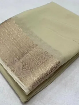 Generic Women's Crepe Chit Pallu Solid Saree With Unstitched Blouse 5.5Mtr (Beige)