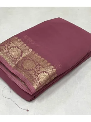 Generic Women's Crepe Chit Pallu Solid Saree With Unstitched Blouse 5.5Mtr (Peach)