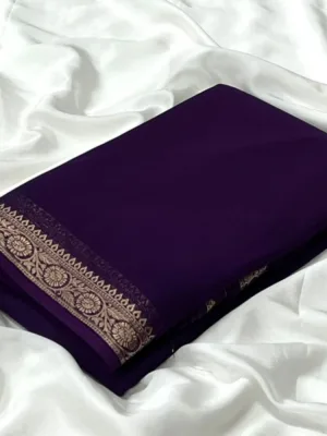 Generic Women's Crepe Chit Pallu Solid Saree With Unstitched Blouse 5.5Mtr (Dark Purple)