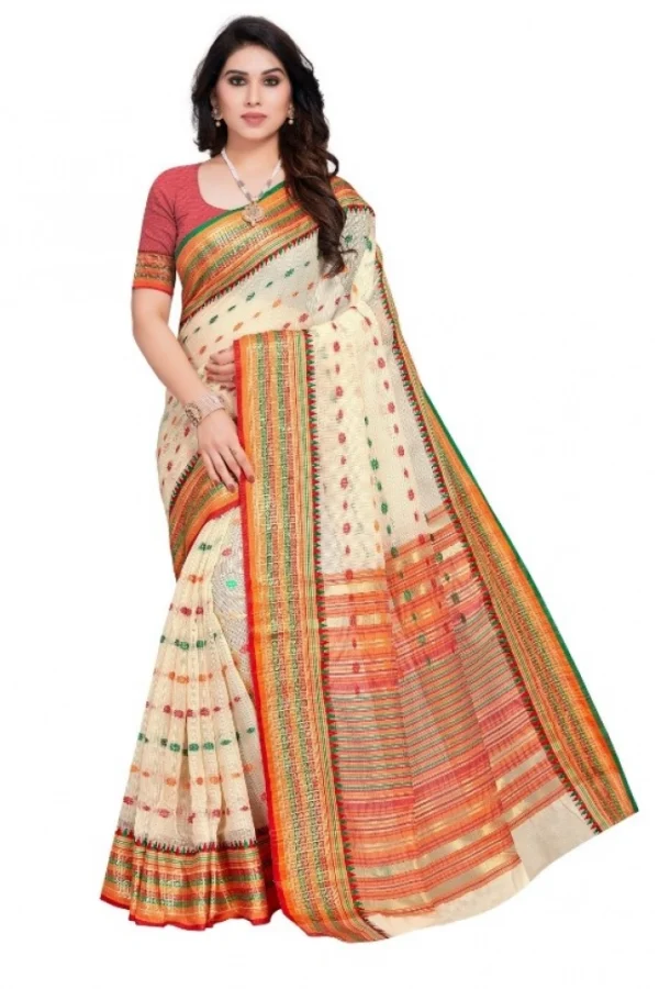 Women's Kota Doria Cotton Woven Butta Saree With Blouse (Cream, 5-6 Mtrs)