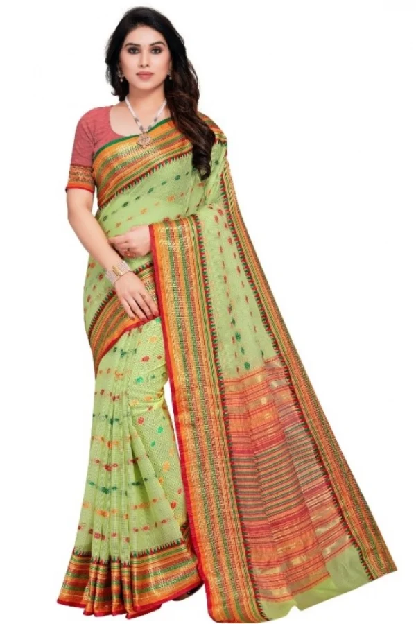 Women's Kota Doria Cotton Woven Butta Saree With Blouse (Light Green, 5-6 Mtrs)
