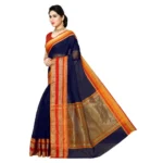 Women's Kota Doria Cotton Border Saree With Blouse (Navy Blue, 5-6 Mtrs) - Image 3