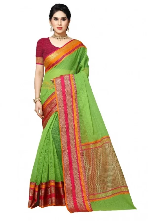 Women's Kota Doria Cotton Border Saree With Blouse (Light Green, 5-6 Mtrs)