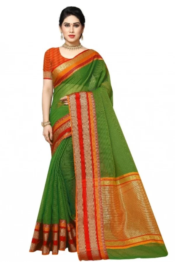 Women's Kota Doria Cotton Border Saree With Blouse (Green, 5-6 Mtrs)