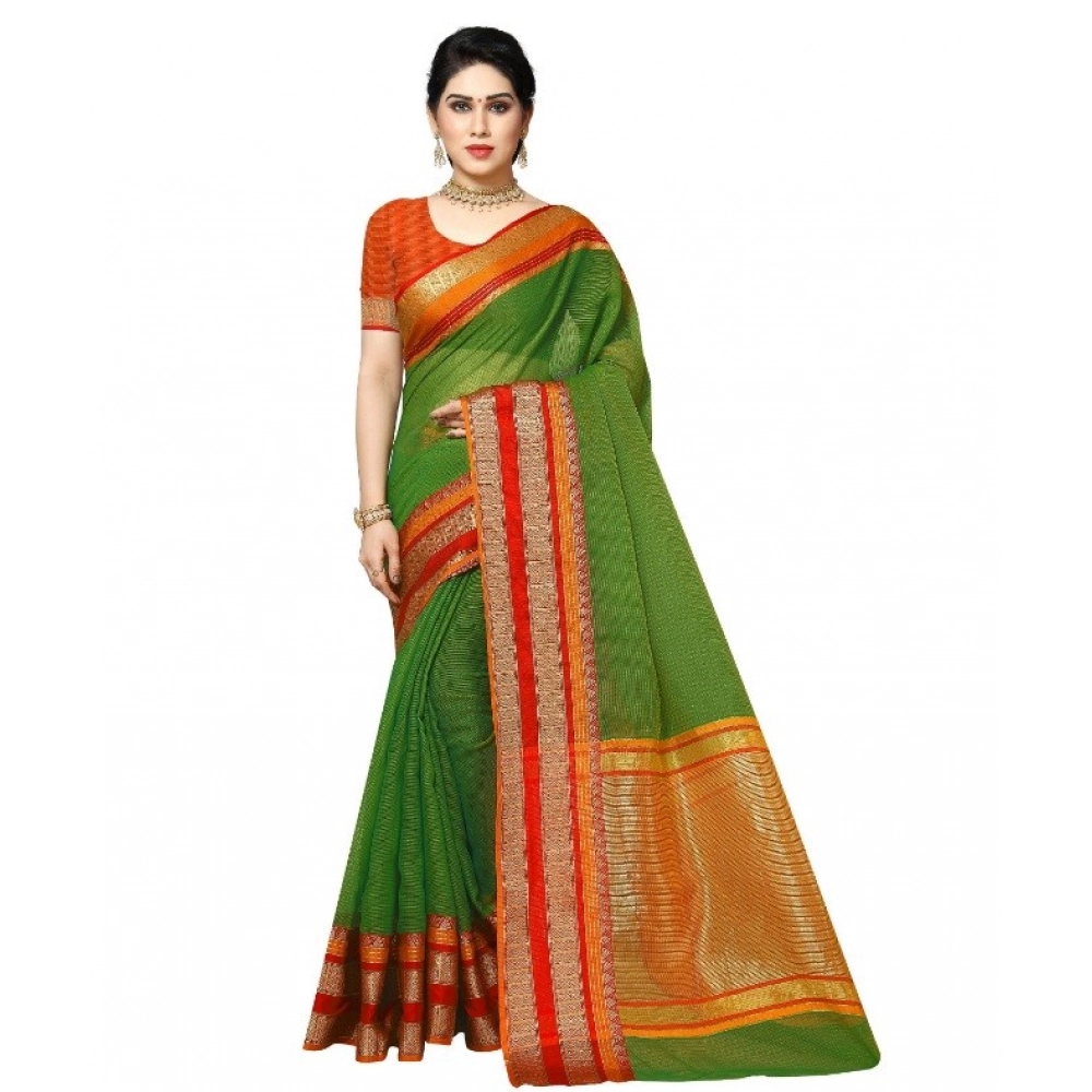 51339821687_8899007257_o_d-1000x1000-1.webp Women's Kota Doria Cotton Border Saree With Blouse (Green, 5-6 Mtrs) - Image 1