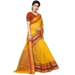 Women's Kota Doria Cotton Border Saree With Blouse (Yellow, 5-6 Mtrs) - Image 4