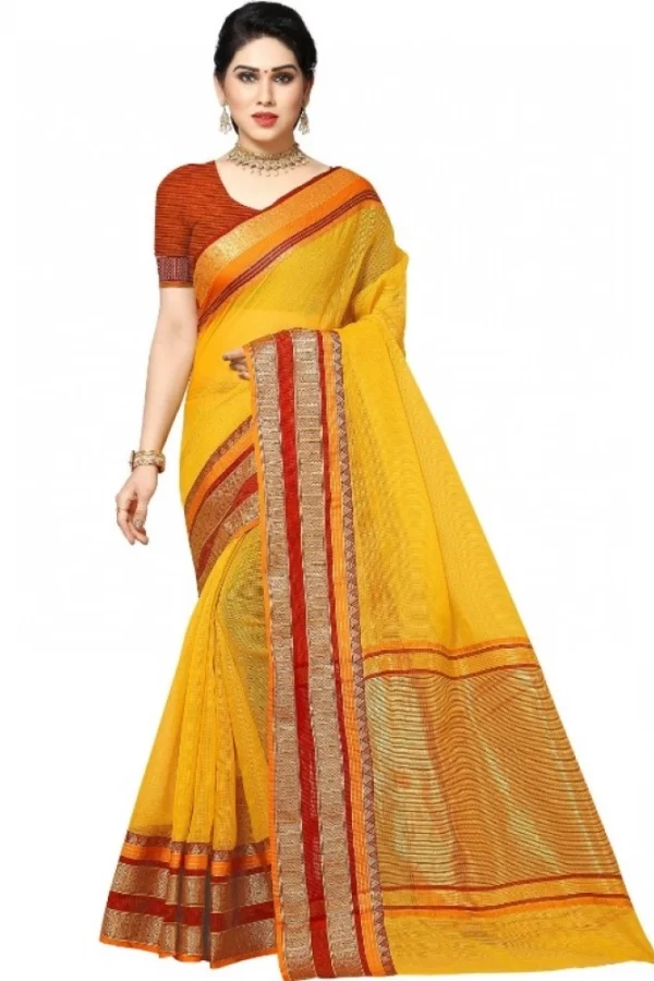 Women's Kota Doria Cotton Border Saree With Blouse (Yellow, 5-6 Mtrs)