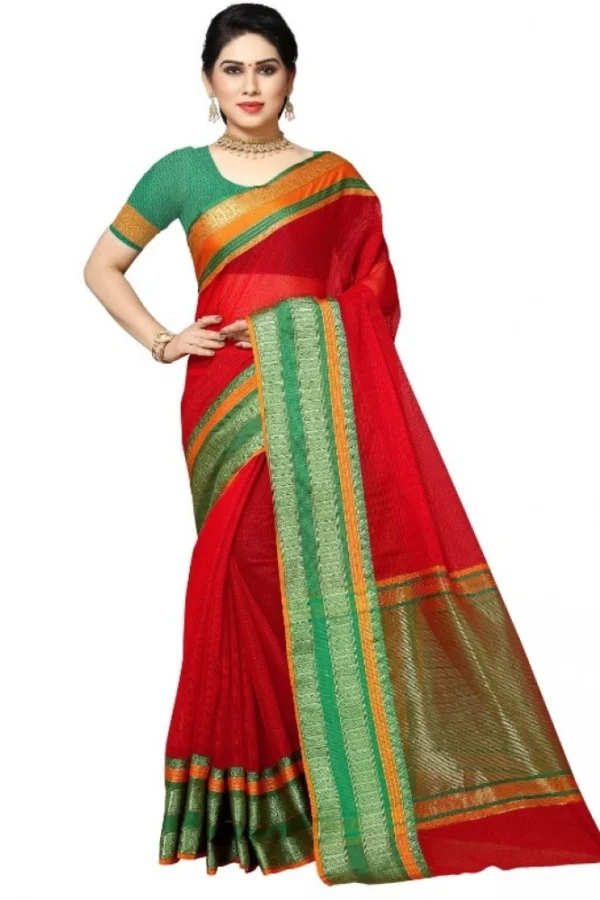 Women's Kota Doria Cotton Border Saree With Blouse (Red, 5-6 Mtrs)