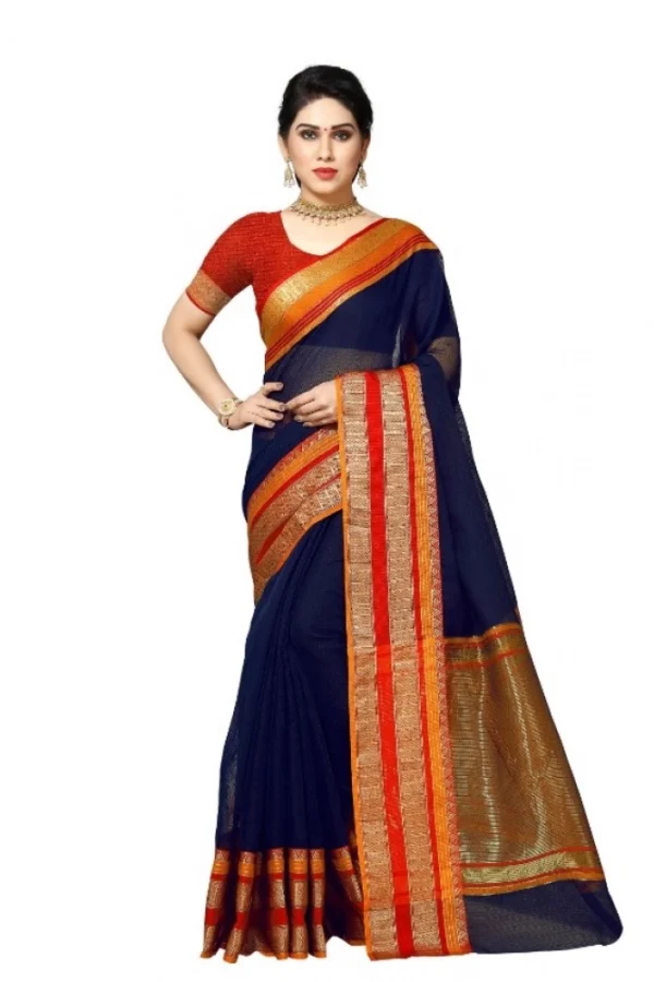 Women's Kota Doria Cotton Border Saree With Blouse (Navy Blue, 5-6 Mtrs)