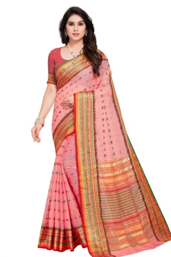 Women's Kota Doria Cotton Woven Butta Saree With Blouse (Pink, 5-6 Mtrs)