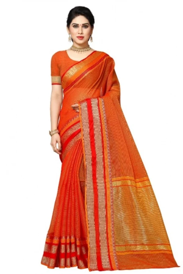 Women's Kota Doria Cotton Border Saree With Blouse (Orange, 5-6 Mtrs)