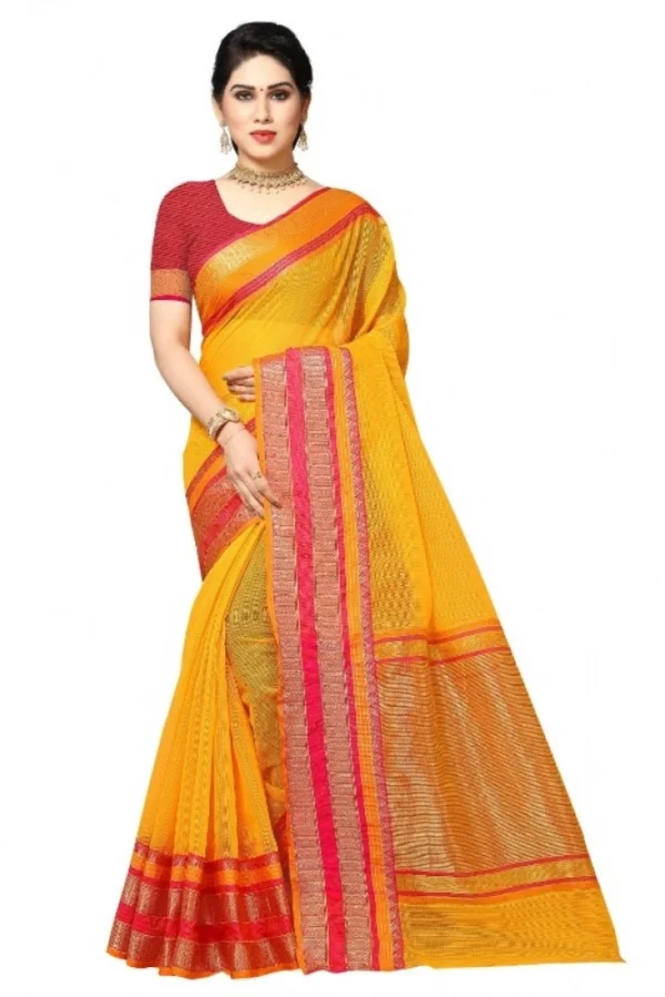 Women's Kota Doria Cotton Border Saree With Blouse (Gold, 5-6 Mtrs)