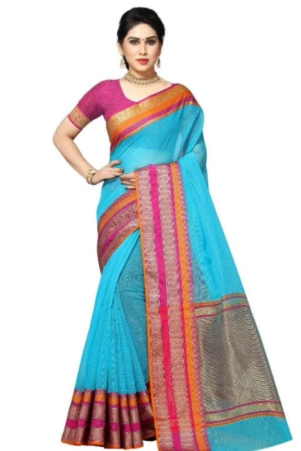 Women's Kota Doria Cotton Border Saree With Blouse (Sky Blue, 5-6 Mtrs)