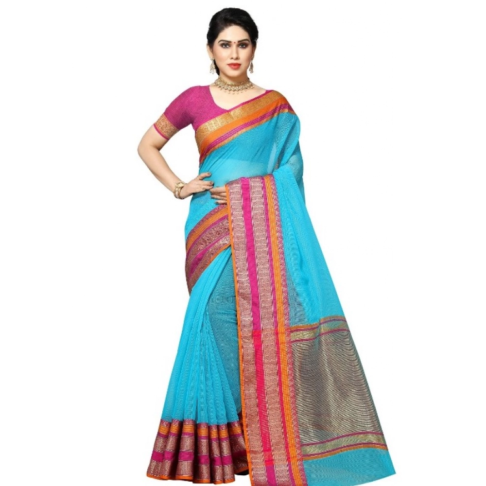 51341289649_d7df07235b_o_d-1000x1000-1.webp Women's Kota Doria Cotton Border Saree With Blouse (Sky Blue, 5-6 Mtrs) - Image 1
